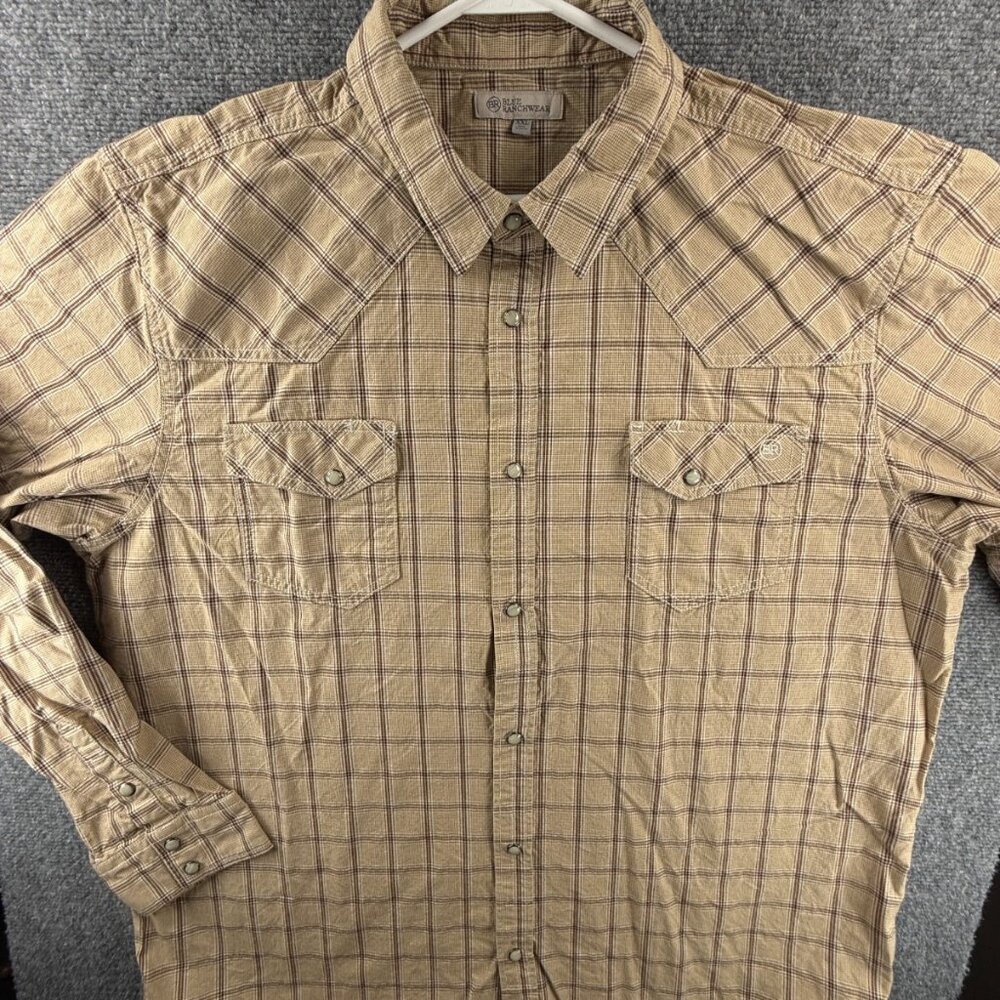 Blue Ranchwear 2XL Beige Long Sleeve Pearl Snap Up Shirt Point Plaid Cotton Men